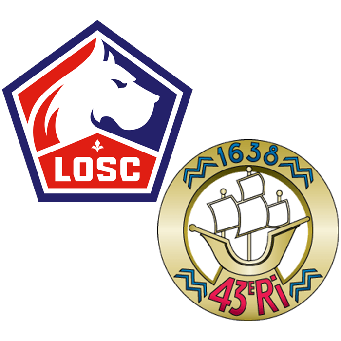 Logo du Lille Olympique Sporting Club et insigne du 43e régiment d'infanterie sur carré blanc