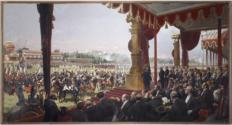 La distribution de ses nouveaux drapeaux et étendards à l'armée française sur l'hippodrome de Longchamp, le 14 juillet 1880 par Jean-Baptiste-Edouard Detaille