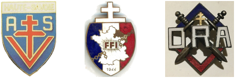 Insignes de l’armée secrète (AS) de Haute-Savoie, des forces françaises de l’intérieur (FFI) et de l’organisation de résistance de l’Armée (ORA)